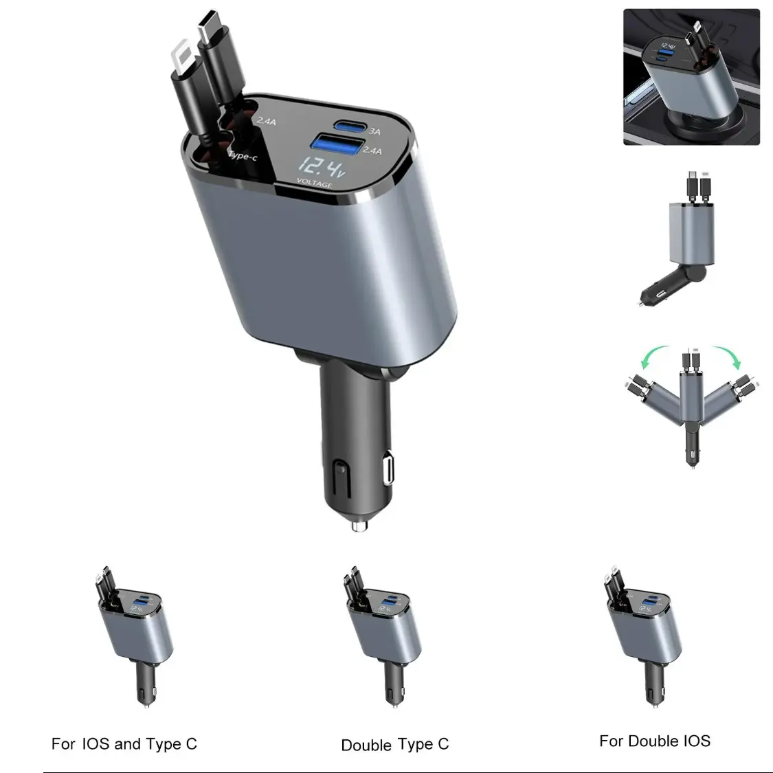 120W 4 in 1 Retractable Car Charger Block USB C Fast Charging Adapter with Dual Cable & Dual Port for iPhone 17/16/15/14/13/iPad/AirPods,Samsung Galaxy S23/S22/S10,Google,Universal Car Electrical Appliances for Vehicle