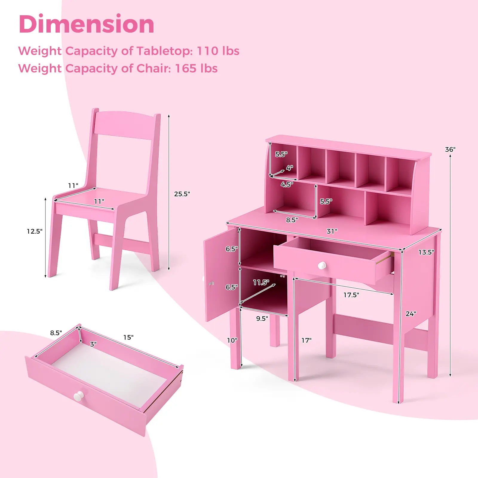 COSTWAY - Kids Study Desk and Chair Set with Chair Hutch and Storage Cabinet for 3+ Years Old-Pink