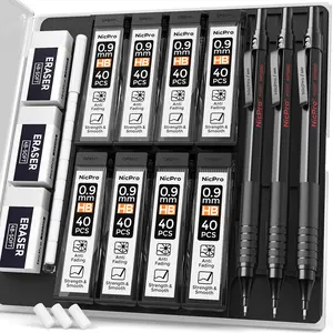 Nicpro 0.9 Metal Mechanical Pencil Set with Case, 3Pack Black MP1000 0.9mm Drafting Pencil, 8 Tubes HB Lead Refills, 3Pack Erasers, Erasers Refills for Artist Writing, Drawing, Sketching