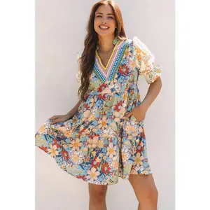 Multicolour Boho Floral Print Crochet Patchwork V Neck Loose Mini Dress