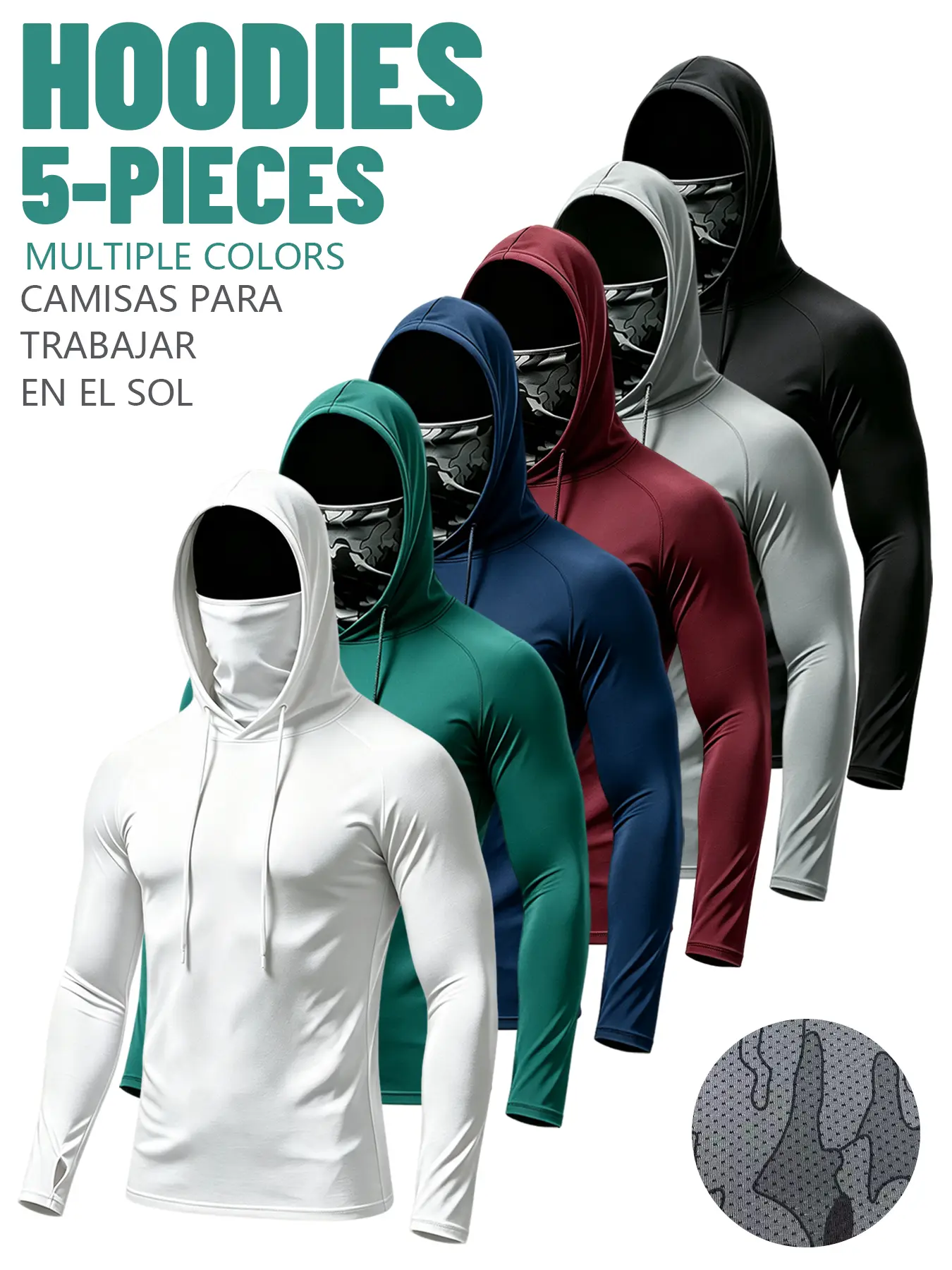 Men's 5-Pack Fitted UV-Protective Balaclava Hoodies - Breathable Flexible Polyester Compression Long Sleeve Tops with Face Mask & Extended Neck Guard for Outdoor Fishing, Hiking, Construction Work - All Seasons Athletic Camouflage (Do Not Dry Clean), Fitt