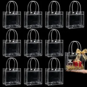 MAQIHAN Clear Gift Bags with Handles - 10 Party Favor Candy Bags, Plastic Goodie Bags Transparent, Bolsitas, for Valentines, Mother'S Day, Christmas, Baby Shower, Wedding, Birthday, Mini 5.9'' X 6.3''