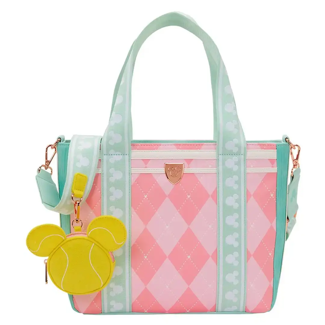 Loungefly Disney Mickey & Friends Tennis Embroidered Tote Bag, Faux Leather with Corduroy Trim and Bonus Zip Coin Bag, Embroidery, Casual Wear, Graphic, 3D Molded Metal Charm, Basic, Lightweight, Zip Closure, Adjustable Strap, Loungefly Tote Bags