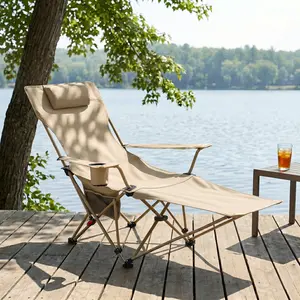 Comhoma 2-in-1 Sitting & Laying Folding Lounge Chair Thickened Oxford Fabric Adjustable Height Armrests & Cup Holder Ideal for Beach Camping & Backyard Relaxing