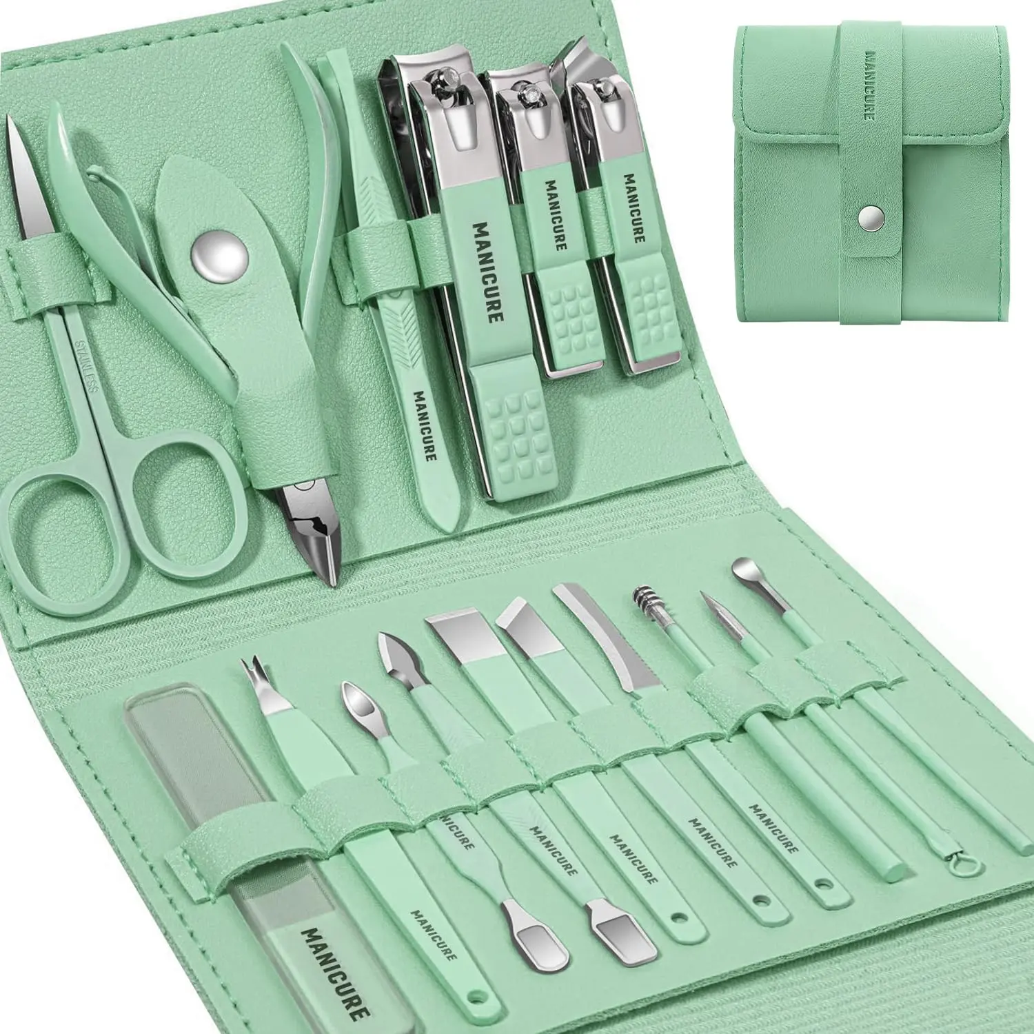16pcs Professional Nail Care Manicure Set – Stainless Steel Kit with Cuticle Pusher, Smooth Callus Remover, Compact Nipper & Storage Case | Household Essential, Perfect Gift for Family, Wife & Friends (Forest Green)
