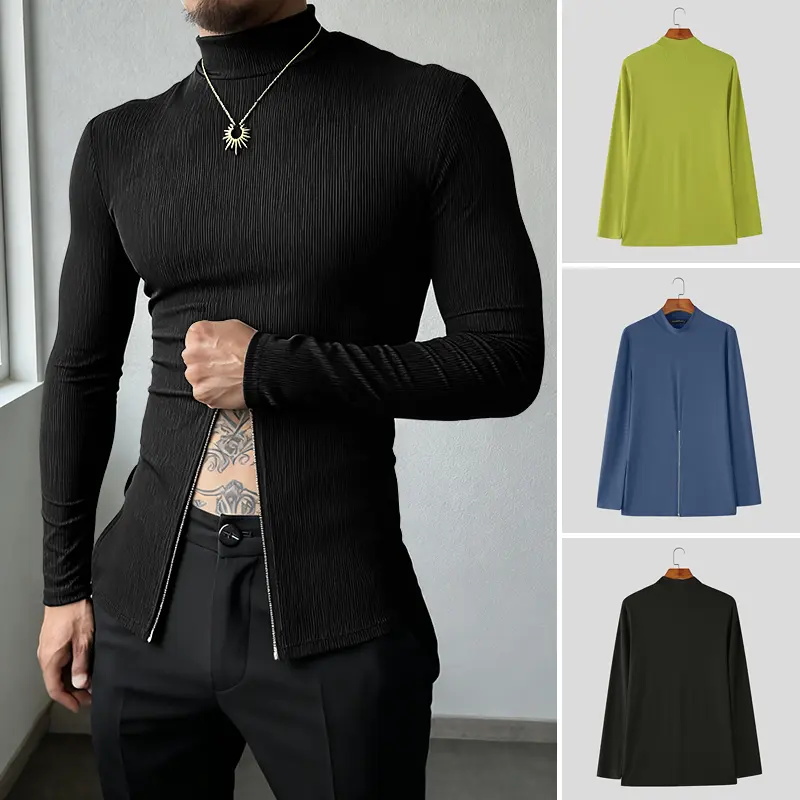 INCERUN Men's Body Hugging Textured Turtleneck Top with Front Slit and Irregular Hem for Nightclub Parties, Fabric, Textured Knit, Knitwear, Two-Way Zip