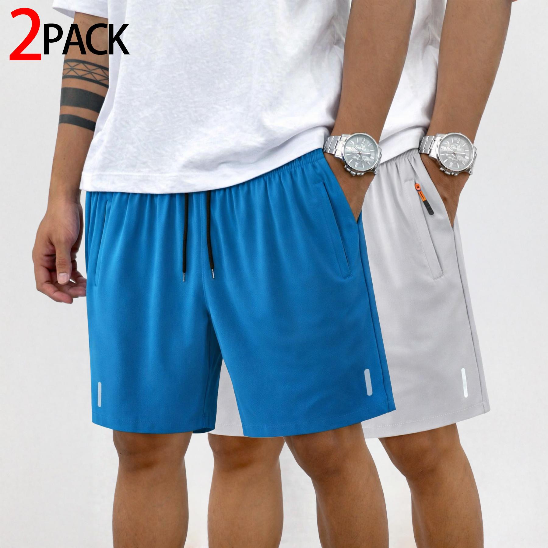 Men’s athletic shorts — running, fitness, casual, comfortable fit; elastic waistband with drawstring, zippered pockets, reflective details; suitable for training, walking, home wear, everyday use; two-pack.