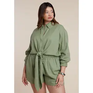 ELOQUII Women's Plus Size Waist Tie Linen Button Up Shirt