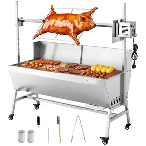 VEVOR Rotisserie Grill, 38W BBQ Outdoor Pig Lamb Spit Roaster, Charcoal Spit Roaster with 132 LBS Capacity, Wheels 4-Level Height, Stainless Steel Electric Rotisserie Grill Kit for Camping Outdoor