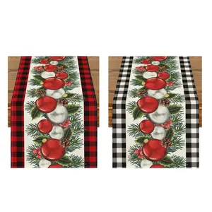 Black White Buffalo Plaid Xmas Ball Holly Christmas Table Runner, Winter Kitchen Table Decor 13x72 Inch