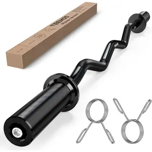 Olympic EZ Curl Barbell Bar, " Curl Bar with 2 Spring Collars,Curling bar for Weight Lifting, Squat,  Thrusts, Biceps, 500lb Weight Capacity, E-Coat Finish for 2 inch Weight Plates (Black)