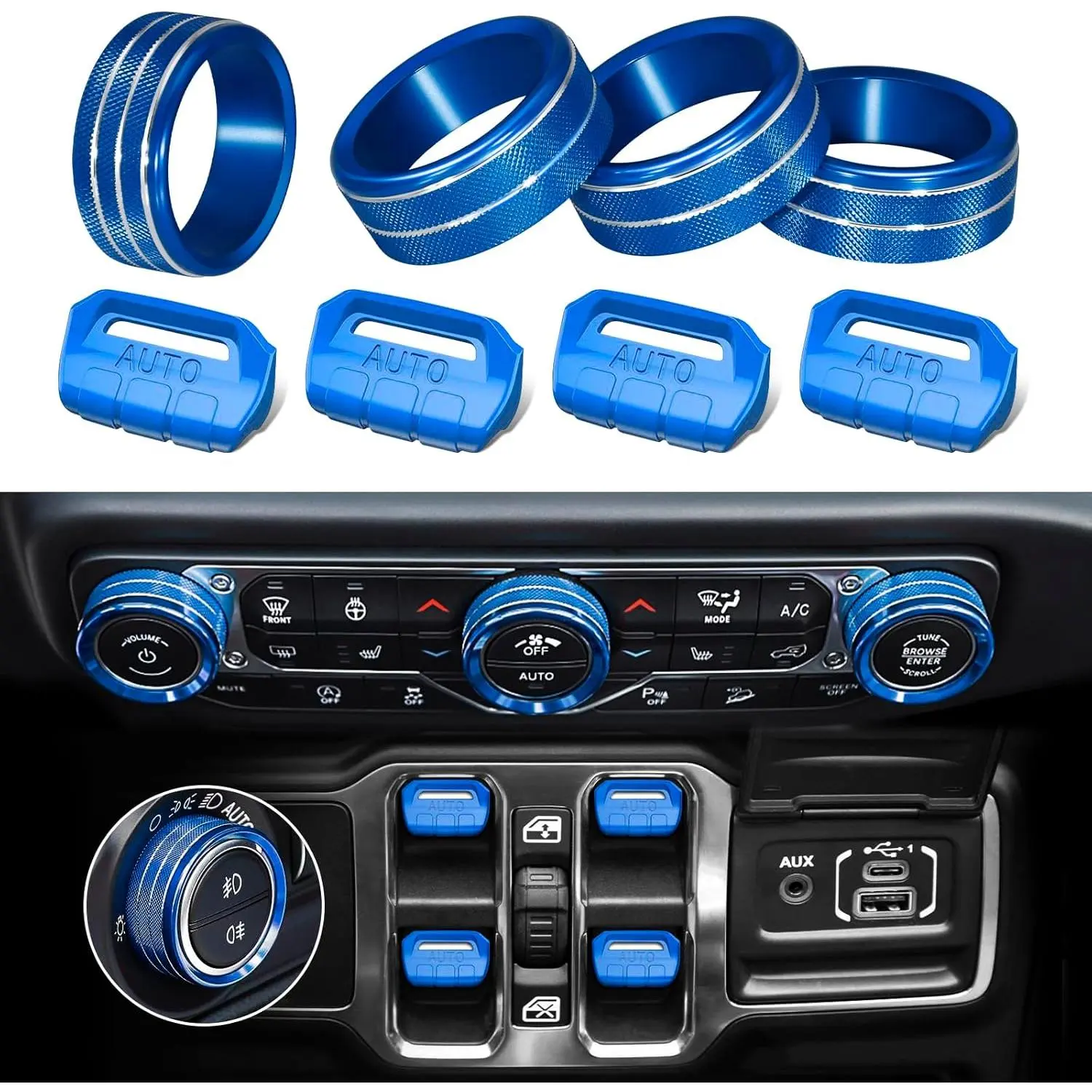 8Pcs Button Knob Cover for Jeep Wrangler JL JLU 2018-2024 2025 & Gladiator JT 2020-2024 2025 Accessories, JL Window Switch Button Cover Volume Radio Air Conditioner Headlight Switch Knob Cover (Blue)