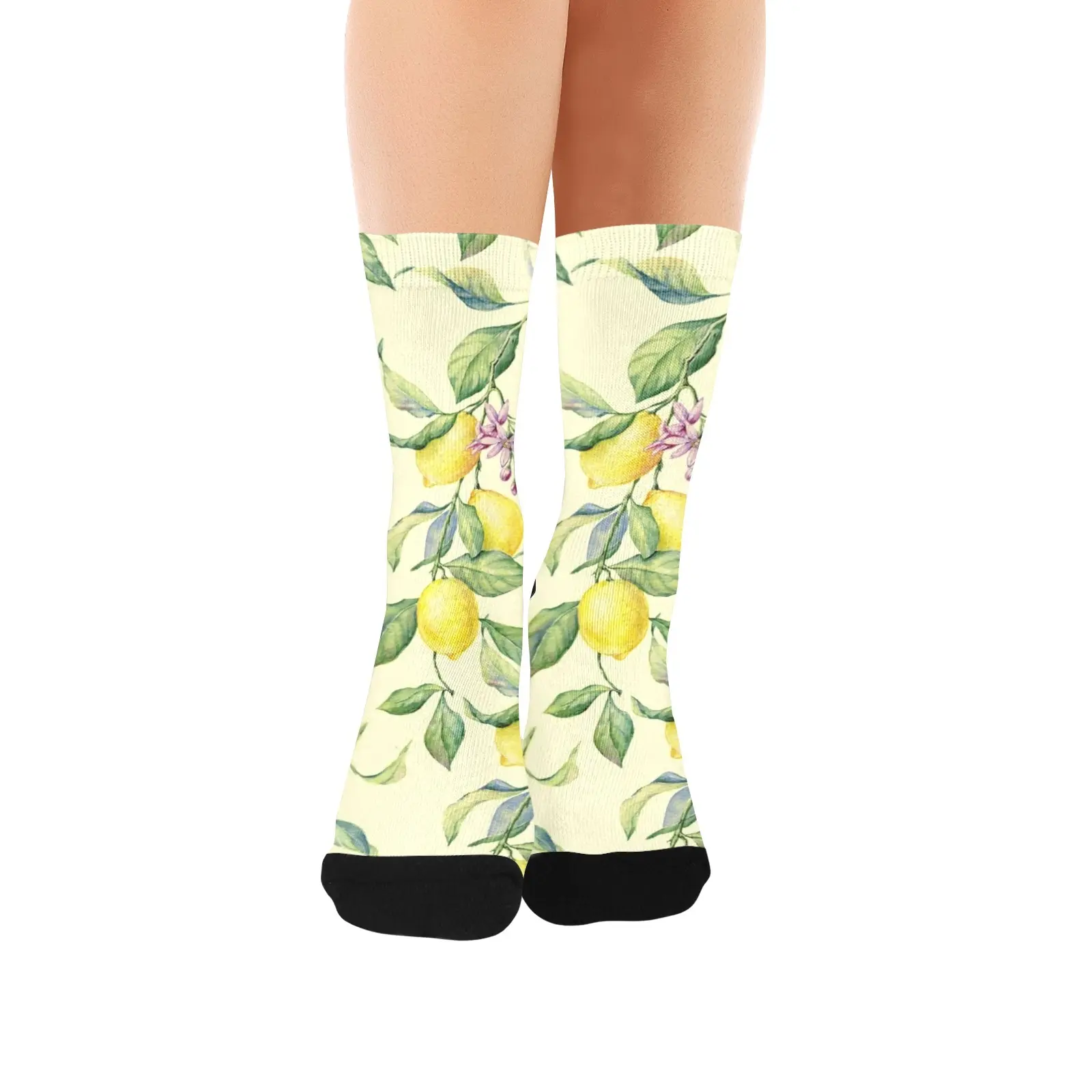 Yellow Lemon Green Leaves Custom Socks for Women