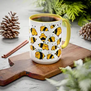 Boobees Pattern Coffee Mug, funny Coffee Mug, Cheeky Bumblebee Pattern Mug, “Look Twice” Funny Coffee Cup, Cute Wraparound Bee Design, Ceramic 11oz/15oz, Multiple Accent Colors, Microwave & Dishwasher Safe , Gift Ideas