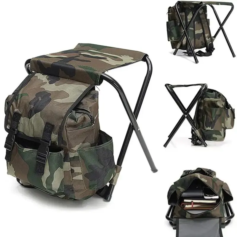 Portable Camouflage Backpack Chair, Foldable Fishing Stool, Folding Camping Stool with Backrest & Multiple Pockets, Lightweight Outdoor Chair for Camping, Hiking & Fishing, Camping Chairs