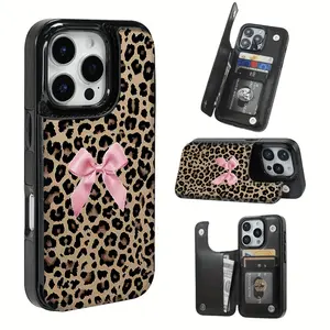 Creative Leopard iPhone Wallet Case - Practical Bow Design Card Holder for iPhone 17/16/15 ProMax 14 Plus/13/12 Pro Air,Samsung S25,S24,S23,S22,Ultra Plus FE.It makes a great holiday gift for friends or family.
