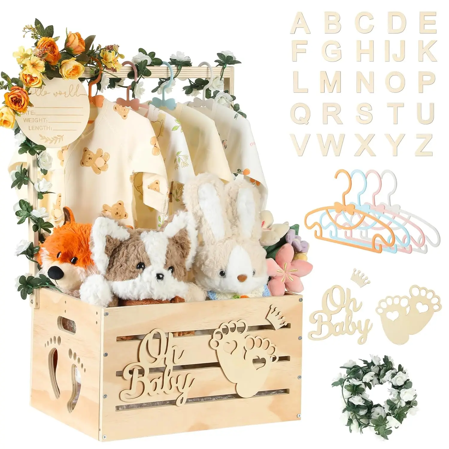 Rustic Natural Wooden Baby Shower Crate - Personalized Storage Basket Organizer with Hangers, Large Newborn Clothes Box, Room Accessory for Pregnant New Moms, Home Storage Supplies, Organized Solution