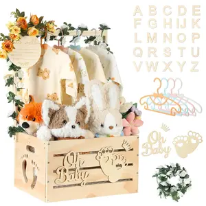 Wooden Baby Shower Crate Closet, Personalized Baby Gift Basket with Hangers, New Born Girl Boy Large Clothes Storage Box for Baby Shower for Pregnancy New Mom Parent