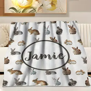 Custom Name Rabbit Throw Blanket - Personalized Bunny Soft Flannel Fleece Blanket, All-Season Cozy Lodge Style with Digital Print, 100% Polyester Lightweight Knitted Fabric, Occasion-Themed with Unique Pattern Design