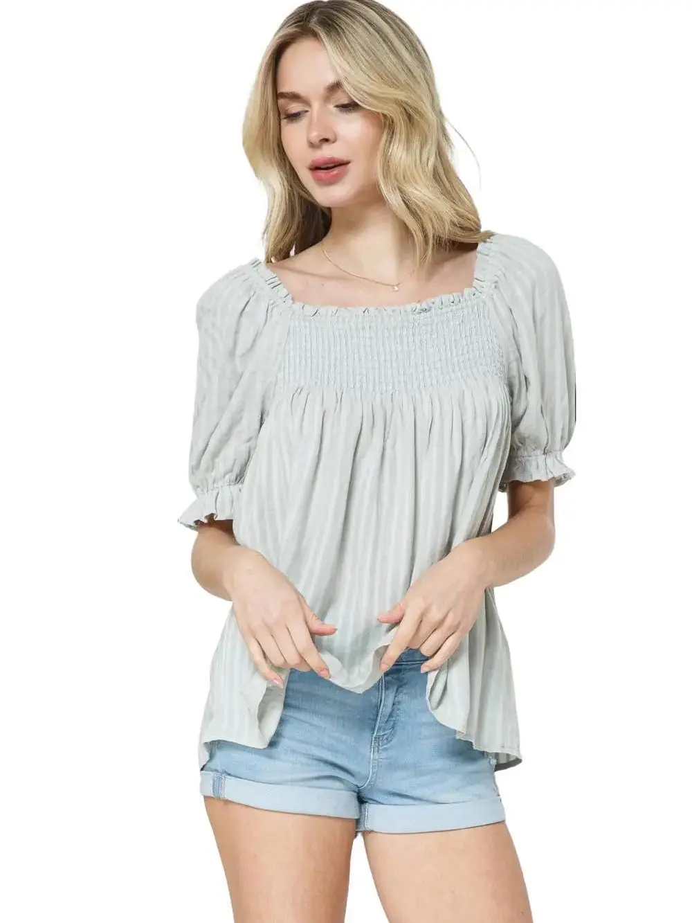 SMOCKED PEASANT TIE BLOUSE IN MINT