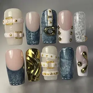 T53 Lynn Chic Denim Press-On Nails, 3D Gold Chains & Buckle Art, Blue Jean Texture Details, Handmade Fashion Design, Custom Nails, Gift for Her