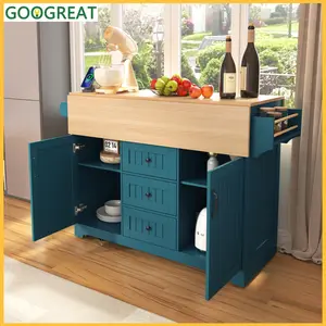 [GOOGREAT] Fashionable Table 55.7'' Large Kitchen Island With 2 Drop Leaf,, Rolling Kitchen Cart On 5 Wheels With Power Outlet, Folding Storage Dining Table With Spice & Towel Rack , 3 Drawers, For Kitchen, Dining Room,Green