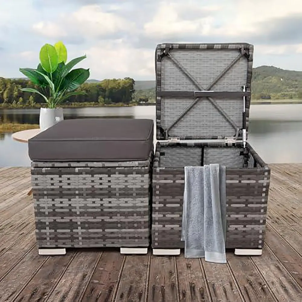 2 Wicker Ottomans, Multipurpose Outdoor Furniture for Patio, Backyard, Additional Seating, Footrest, Side Table w/Storage, Removable Cushions