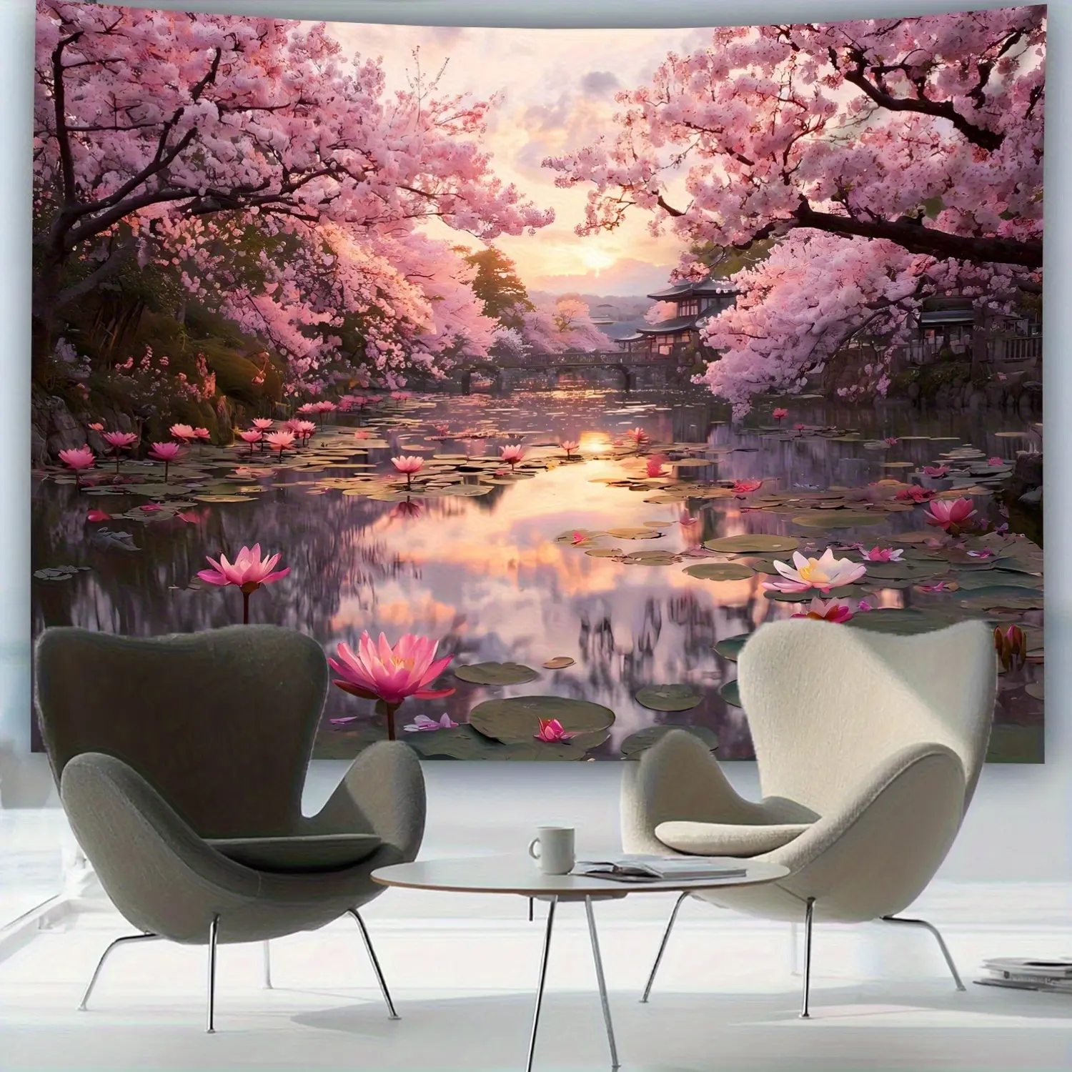 1pc Extra-Large Geometric Evening Cherry Blossom Lake Landscape Flower Pattern Polyester HD Printed Tapestry, Aesthetic Wall Art, Living Room Decor, Baby Shower-Birthday-Anniversary Party Backdrop