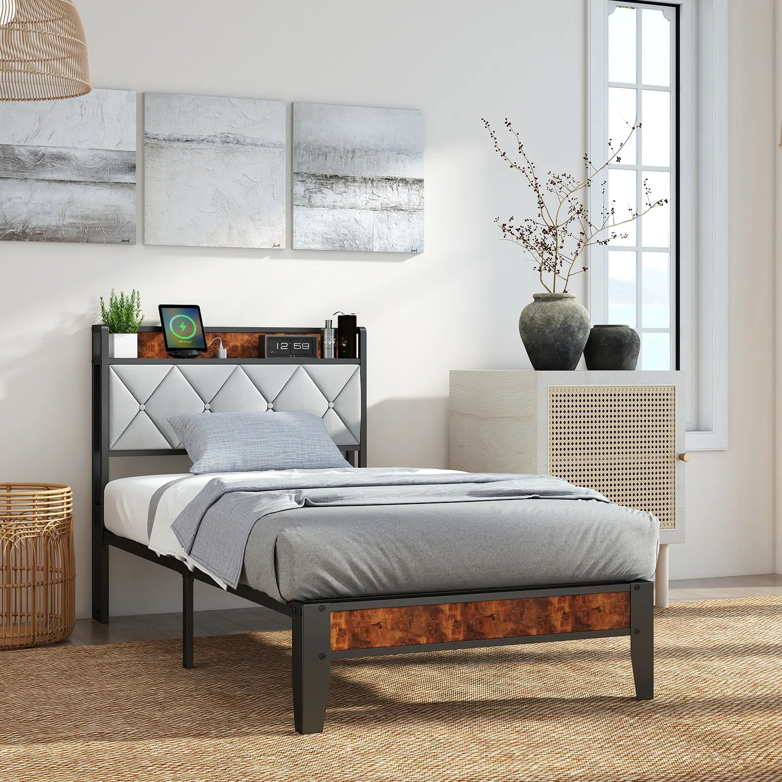 Sturdy Iron Metal Bed Frame with Charging，Wooden Slats, Soft-Padded Upholstered Headboard with Storage Pocket & Charging Port - Noise-Free Assembly, Modern Platform Bed for Bedroom