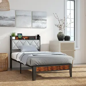 Sturdy Iron Metal Bed Frame with Charging，Wooden Slats, Soft-Padded Upholstered Headboard with Storage Pocket & Charging Port - Noise-Free Assembly, Modern Platform Bed for Bedroom