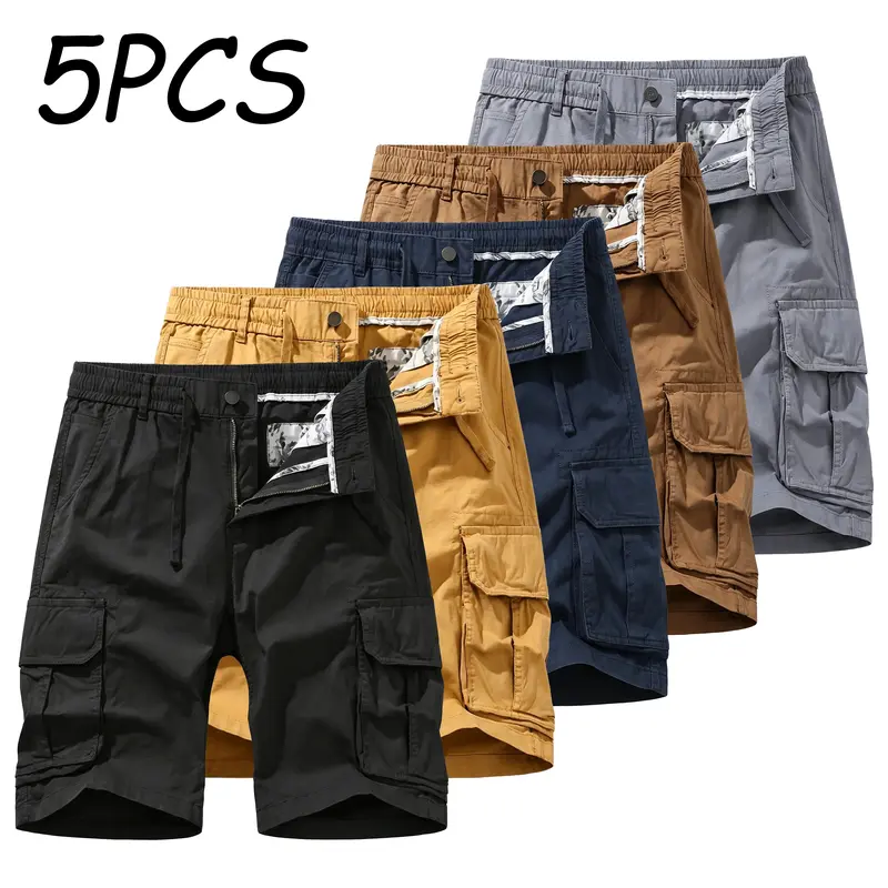 Men's Large-Oversize Cotton Cargo Shorts with Button, 1/5-Pack Casual Loose-Fit Mid-Waist Mid-Length Straight Bottoms, Multiple Pockets, Zipper Front for Quick On/Off, Summer Active Basic Menswear, 5Pack-Multicolor1, S