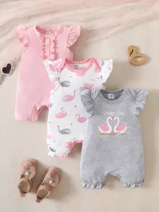 LUCKY GIRL ALERT! 3-Pack Baby Girl Rompers | Adorable Swan & Flamingo Prints | Ruffle Sleeve Summer Outfits
