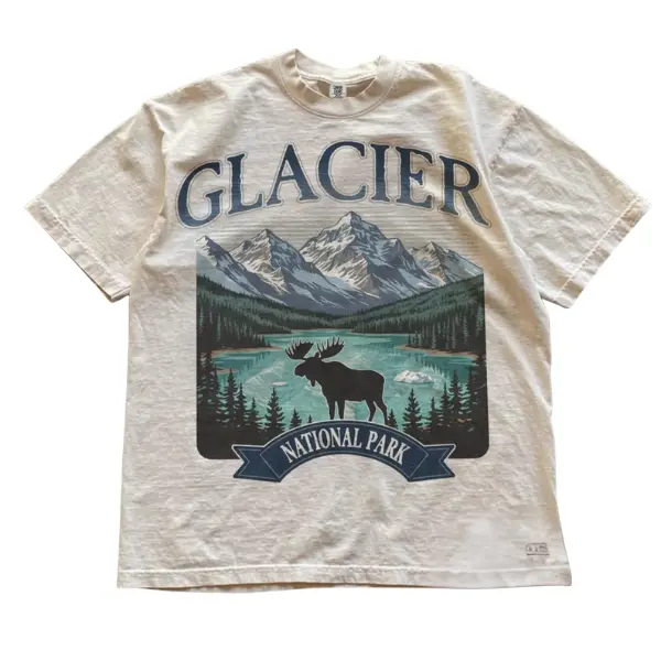 Women's Glacier National Park Vintage Cotton T-Shirt, Retro Mountain 90s Hiking Adventure Casual Crewneck Short-Sleeve Unisex Outdoor Top (S-3XL) - Streetwear