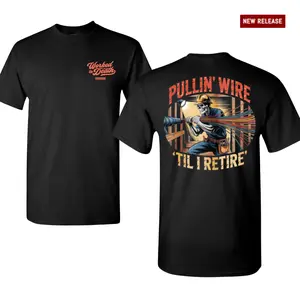 Pullin’ Wire Til I Retire Electrician T-Shirt, Electrician Skeleton Worker Graphic Tee, Funny Electrician Trade Shirt, Blue Collar Electrician Work Tee