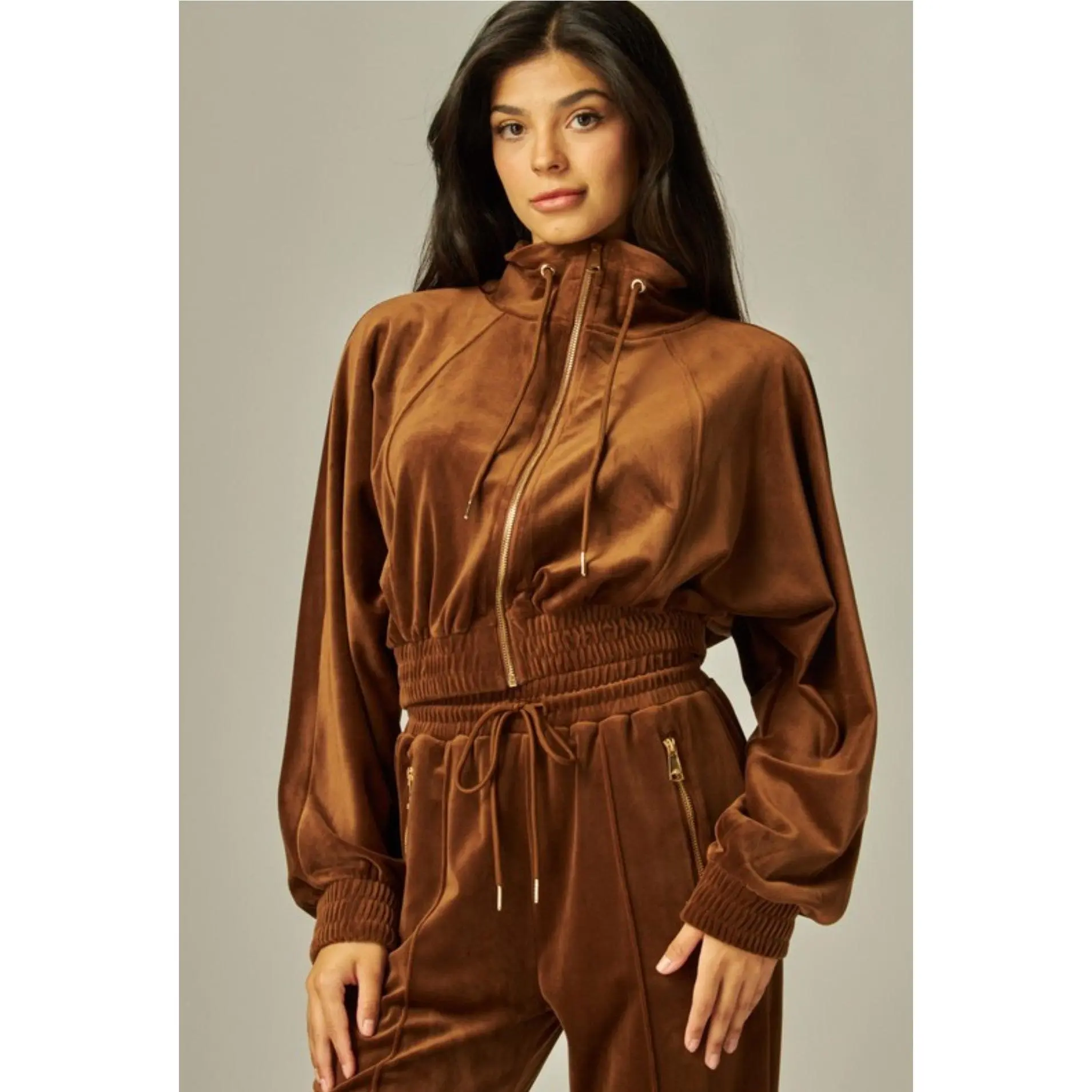 Velour Funnel Neck Zip-Up