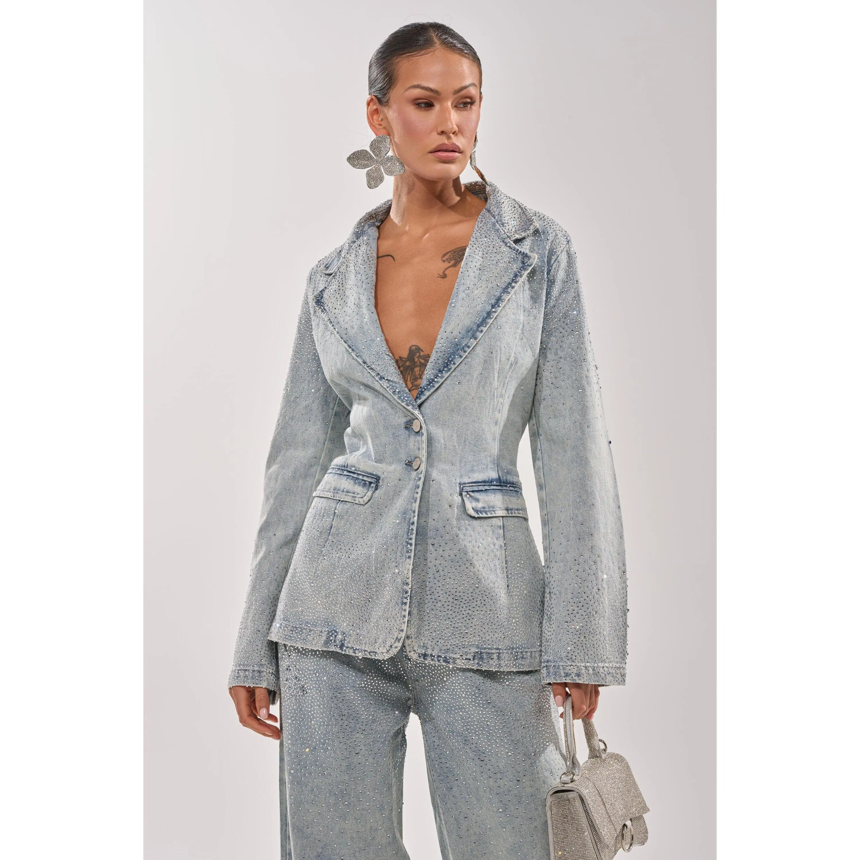 LIGHTS OUT RHINESTONE DENIM BLAZER LIGHTS OUT RHINESTONE DENIM BLAZER