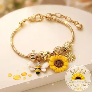 Golden Sunflower Queen Bee & Sunflower Charm Bracelet with Heart & Honeycomb Charms for Women. Stainless Steel chapado en oro 14K. a prueba de agua y uso diario. Alta gama.