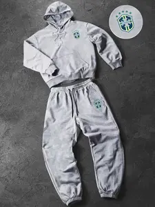 Men's Hooded Sweatshirt and Casual Long Pants Set, Brazil Logo Letter Print, Loose Fit Zipper Design, Comfortable Winter