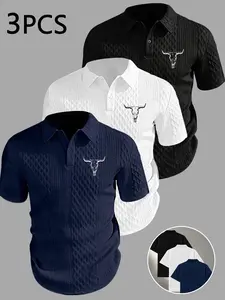 Men's Summer Sport Casual Polo Shirt, Casual Sportswear, Bull Head Design, Breathable Fabric, Easy Care, Suitable for Sports and Daily Wear