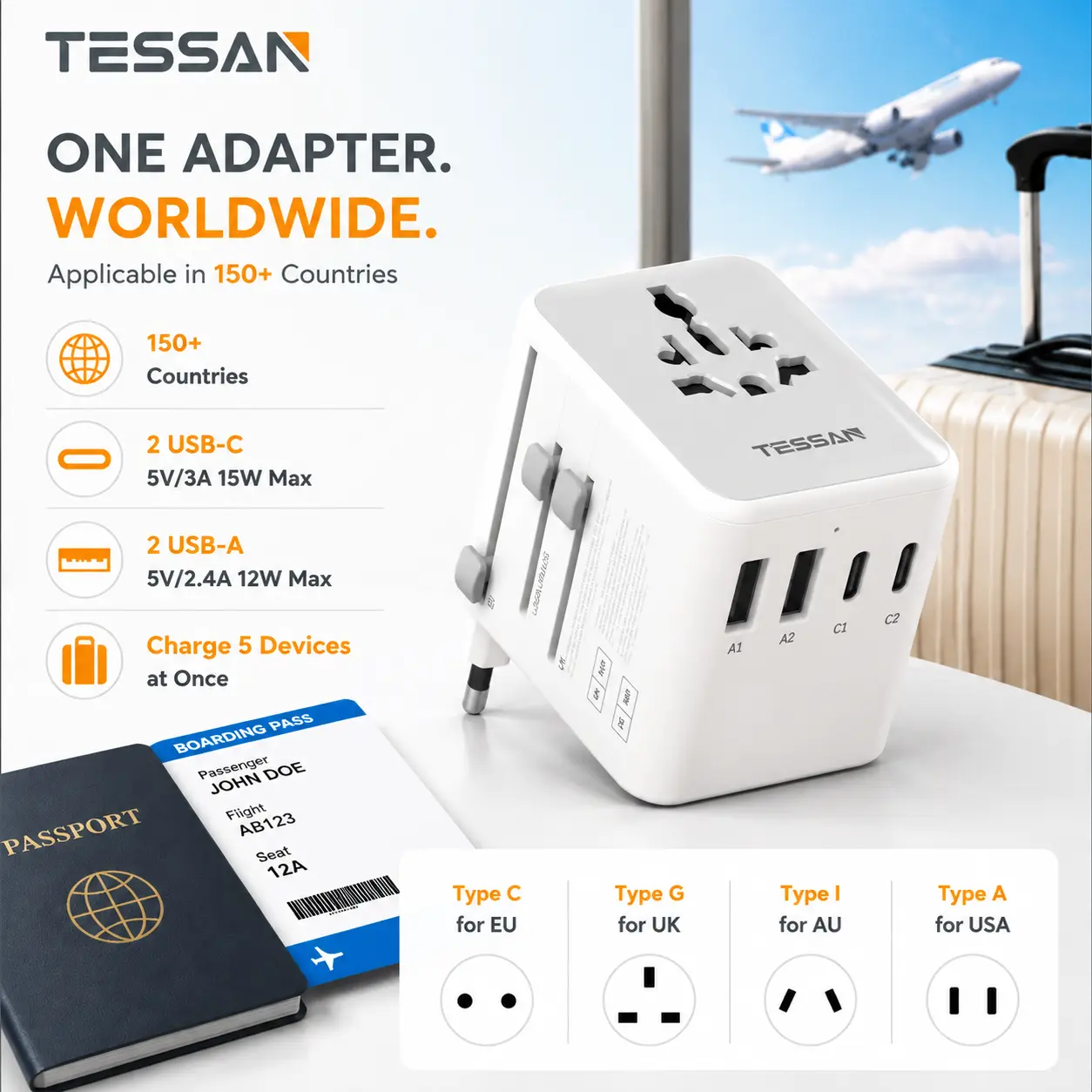 TESSAN Universal Travel Adapter with USB-C, 5-in-1 International Plug Adapter for Worldwide Travel, Europe UK USA Japan
