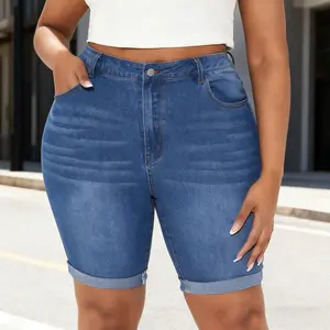 ODEFOU Roll Up Hem Denim Shorts for Women Medium Wash Casual Summer Fall Transition Beach Vacation OOTD New Year Trending Womenswear