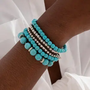 5 Pcs Set Of Delicate Turquoise Beads Beaded Bracelet Vintage Bohemian Style For Women Vocation Gift