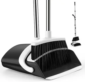 Stainless Steel Broom and Dustpan Set, 51-in Adjustable Long Handle with Angle Control, Dustpan Teeth for Hair Removal, Ideal for Home, Kitchen, Office Floors