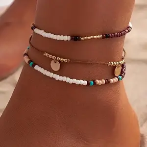 September Laurel  3pcs Boho Style Beaded Anklets, New Style Adjustable Beaded Layers Chain Anklet for Women & Girls, Fashionable Body Jewelry for Beach Party Vacation