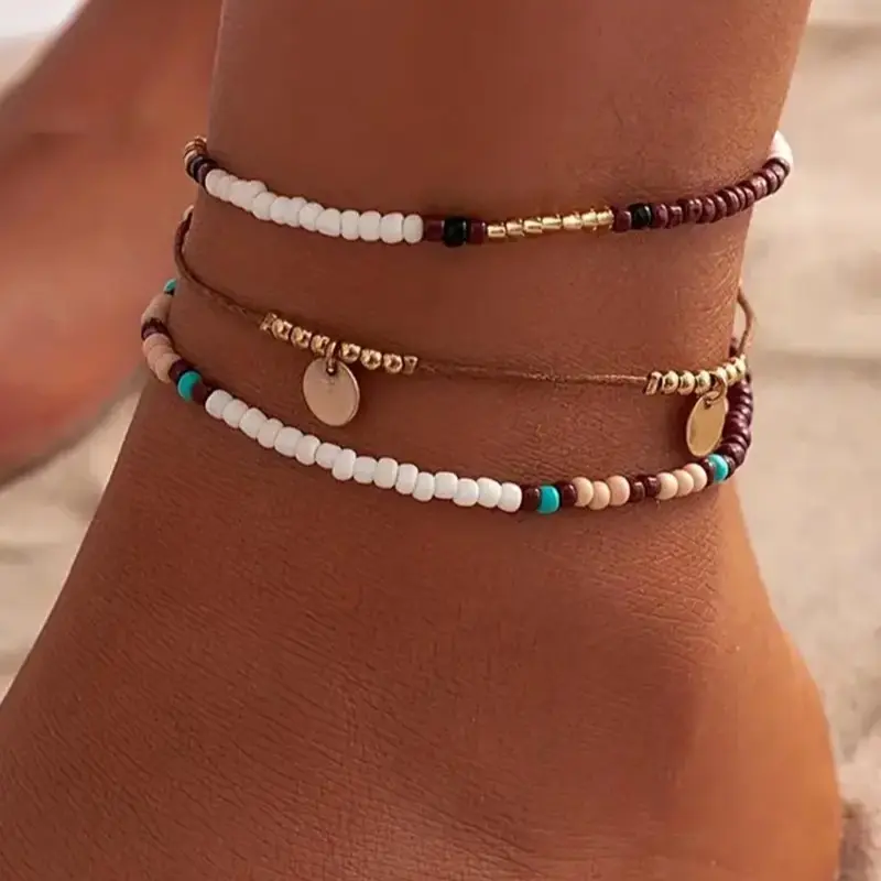 September Laurel  3pcs Boho Style Beaded Anklets, New Style Adjustable Beaded Layers Chain Anklet for Women & Girls, Fashionable Body Jewelry for Beach Party Vacation