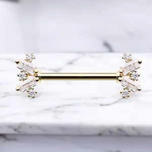 Dainty Nipple Ring Body Piercing Jewelry, 14g Gold Cute Gem Decor Barbell with Baguette Gem