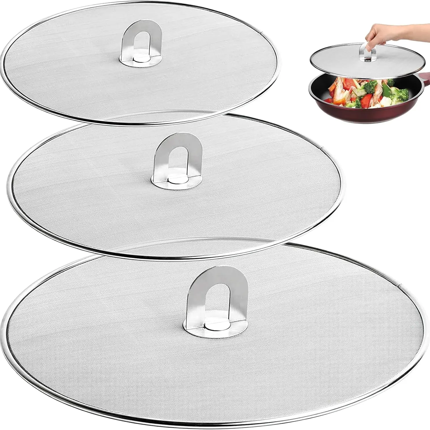 3-Piece Splatter Screen Set for Kitchen Frying Pans, 13"/11.4"/9.8", Stainless Steel Grease Guard, Ultra-Fine Mesh Lid, Fold-Flat Design, Durable