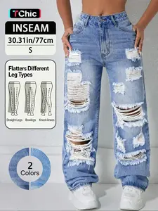 Elegant Fashion Street Style High Waist Ripped Denim Jeans, Spring Summer Fall Women's Loose Straight Leg Pants, Trendy Casual Wear