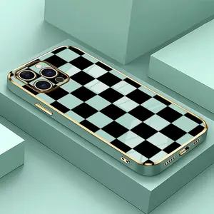 Black checkered Soft&Flexible Electroplating TPU Silicone Phone Case For iPhone 17 Pro Max AIR 16 15 14 13 12 11 Plus Cases Durable|Shockproof|Full Camera Protection|Anti-Scratch|Non-Slip|Slim Fit|Gift For Girlfriend/Men/Women summerwins