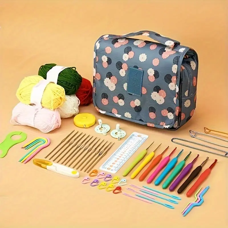 1pc Heart-Patterned Knitting & Crochet Tool Organizer Bag - Multicolor Hooks, Tape Measure & More Storage Solution in Coffee/White/Blue - Perfect for Craft Enthusiasts, Crochet Tool Holder|Functional Organizer|Versatile Craft Pouch, Sewing Storage